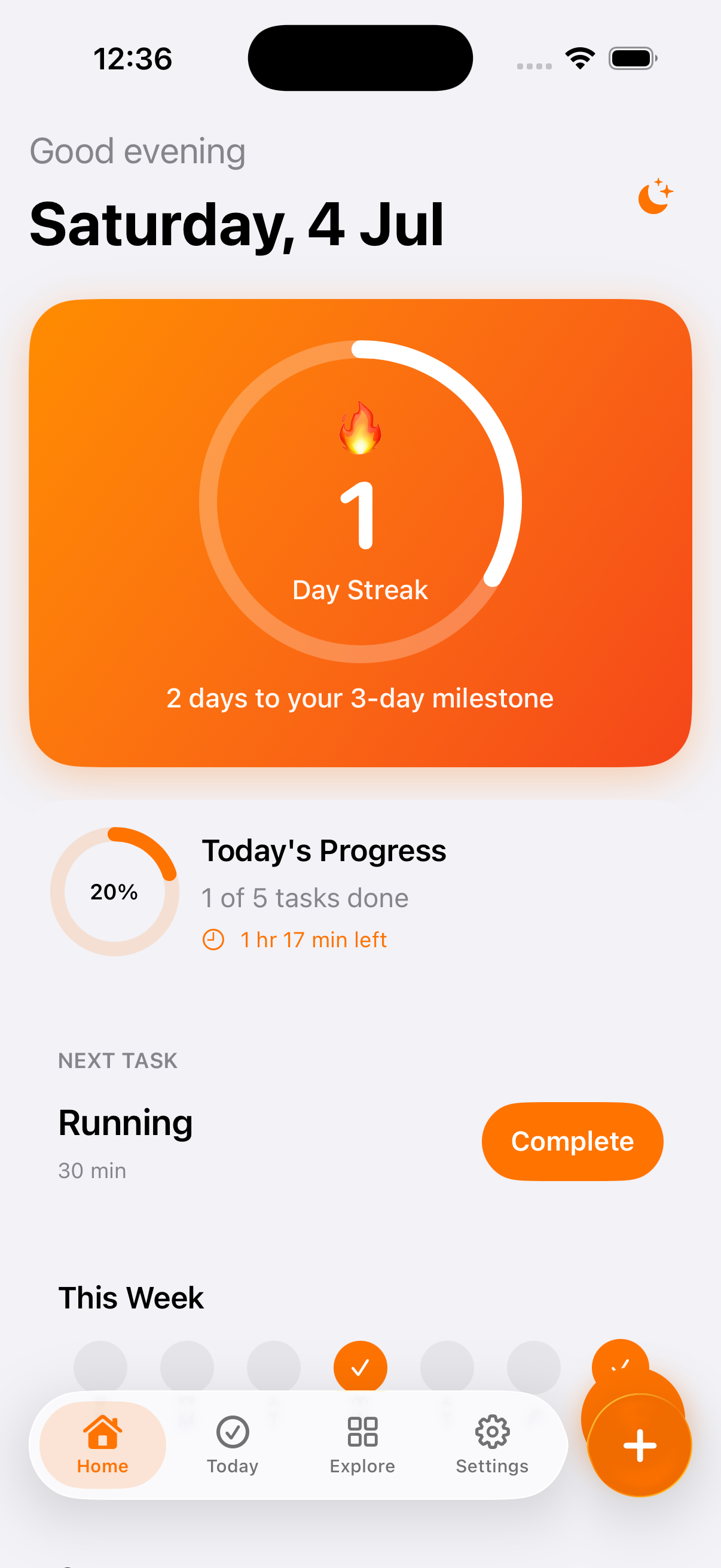 TaskStreak streak dashboard showing a 1 day streak