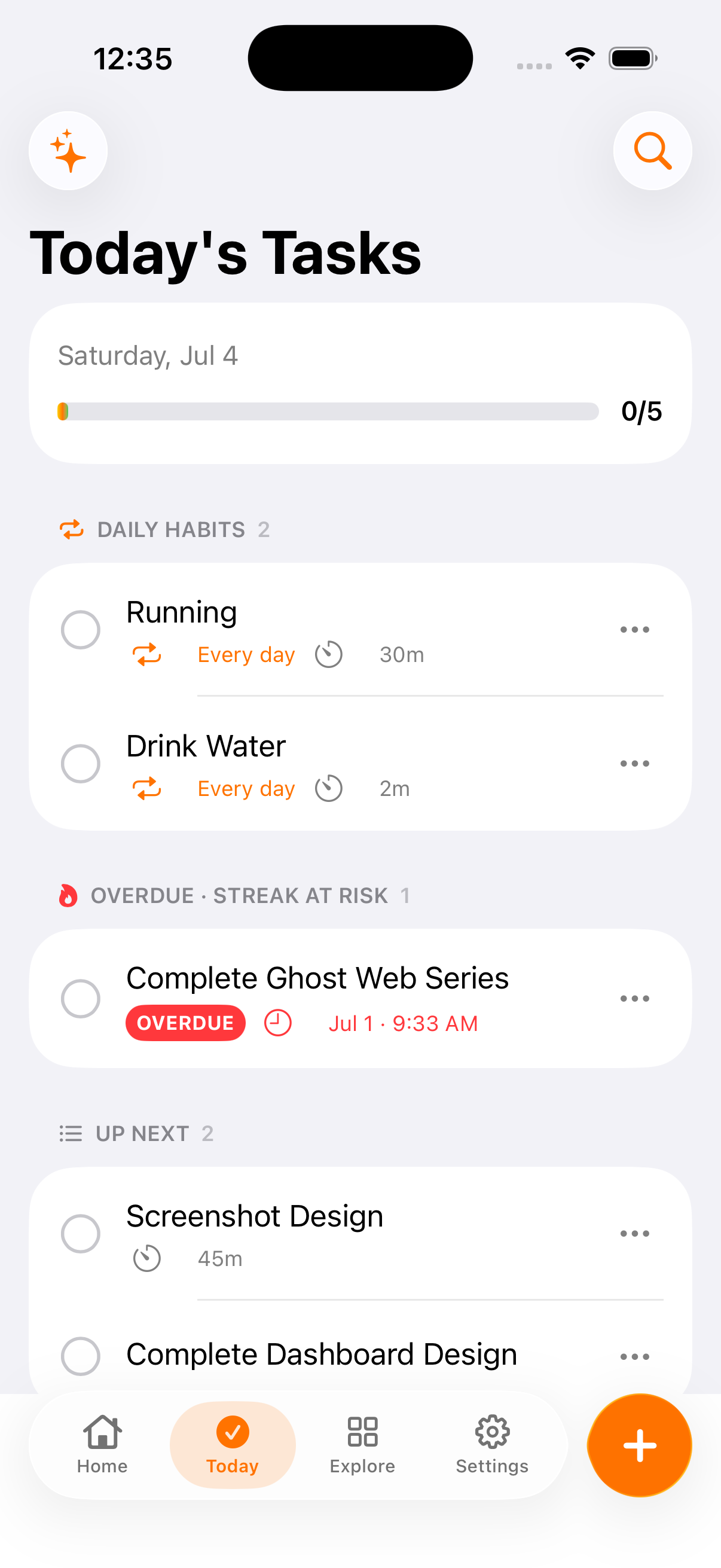 TaskStreak Today screen with tasks and daily habits