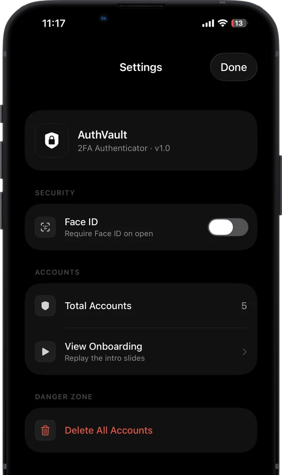 2FA AuthVault screen